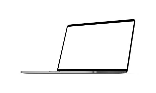 白い背景、視点右のビューで隔離された空白の画面を持つ現代のラップトップコンピュータのモックアップ - 主観点のイラスト素材／クリップアート素材／マンガ素材／アイコン素材
