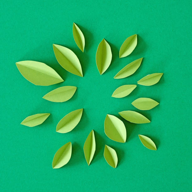 abstract composition of green paper leaves, top view