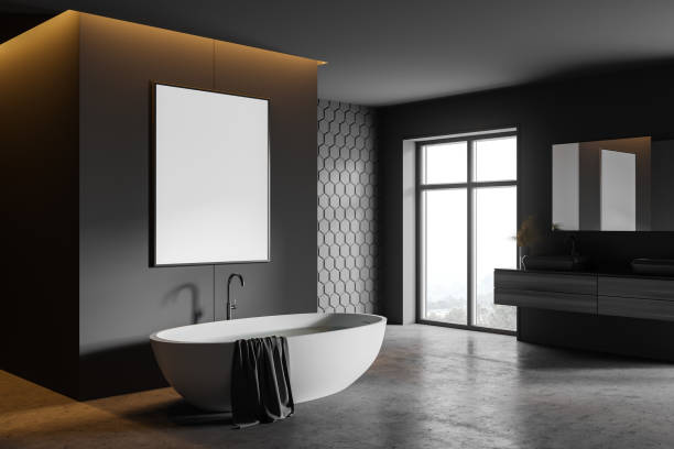 istock Poster in grey honeycomb tile bathroom corner 1255708608