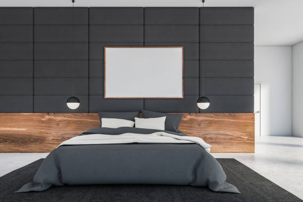 istock Grey tile and white bedroom interior with poster 1255708646