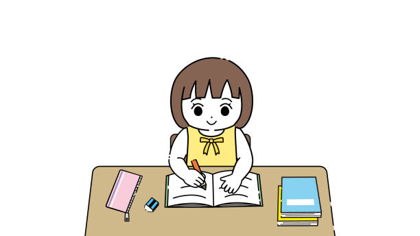 ilustrações de stock, clip art, desenhos animados e ícones de girl study - pre adolescent child child white background asian ethnicity