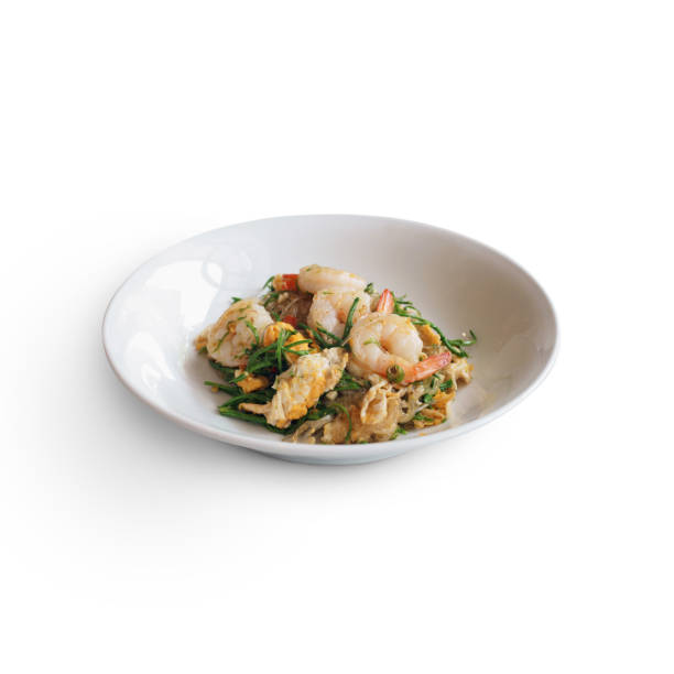 istock Vermicelli Pad Thai or Thai stir fried vermicelli with shrimps and Climbing Wattle isolate on white background 1255710609