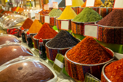 Nice, France, January 2020 – Various dried fruits for sell in a market stall at the Corus Saleya