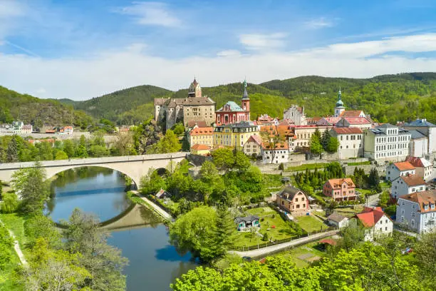 Panoramic view of Loket castle and bridge over the river Ohri , Czech Republic
