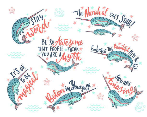 Set of hand drawn cute funny narwhals with inspirational quotes. Set of hand drawn cute funny narwhals with inspirational quotes. Doodle whales for print designs, posters, t-shirts. Cartoon characters. Colorful vector illustrations isolated on white background. narwhal stock illustrations