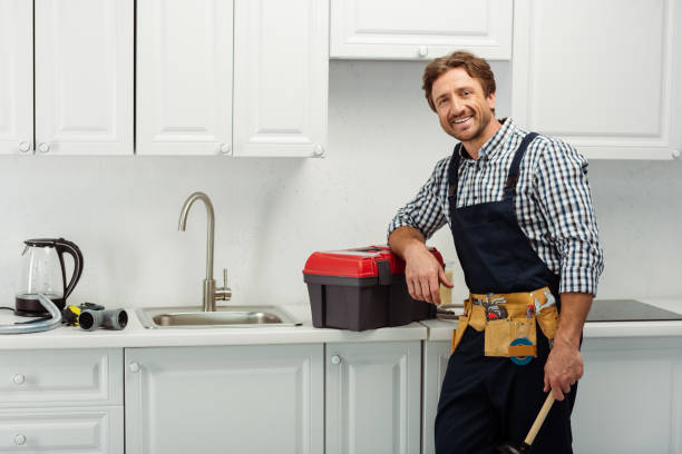 istock Smiling plumber looking at camera while holding plunger near toolbox on kitchen worktop 1255719262