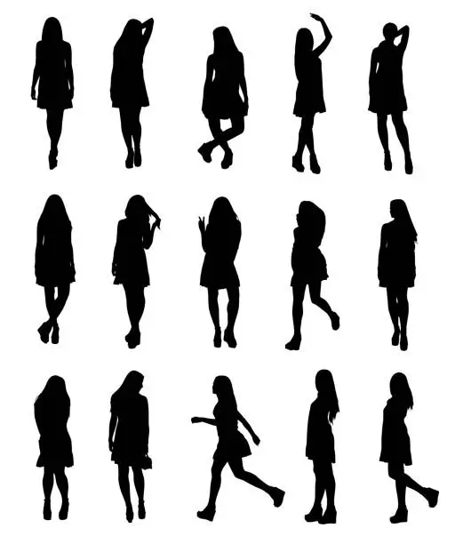 Vector illustration of Silhouettes set of young fashion model woman in airy fluttering dress full body