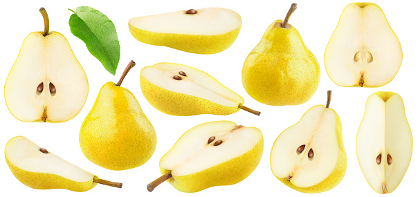 Isolated yellow pears collection. Pear fruit pieces of different shapes isolated on white background