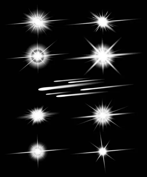 Vector illustration of White stars and meteorites set. Vector realistic meteors and stars