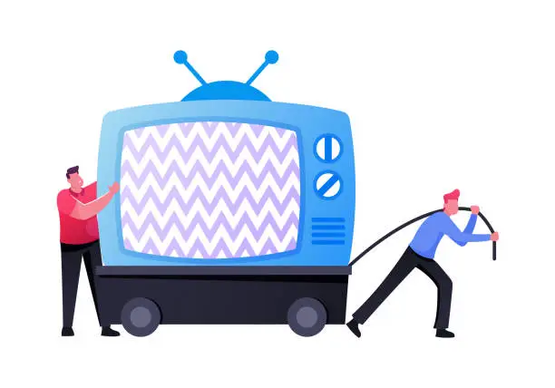 Vector illustration of Tiny Male Characters Moving Old Television on Dump. Tv Garbage, Rubbish, Electronic Junk, Recycling Broken Electronics for Disposal. Recycle and Environmental Theme. Cartoon People Vector Illustration