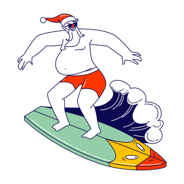 illustrations, cliparts, dessins animés et icônes de caractère de père noël portant le chapeau de noël et la vague rouge de planche de surf de culotte de surf sur la planche de surf. vacances tropicales d’été, loisirs d’eau, vacances chaudes d’été de noel. illustration vectorielle linéaire - bodysurfing