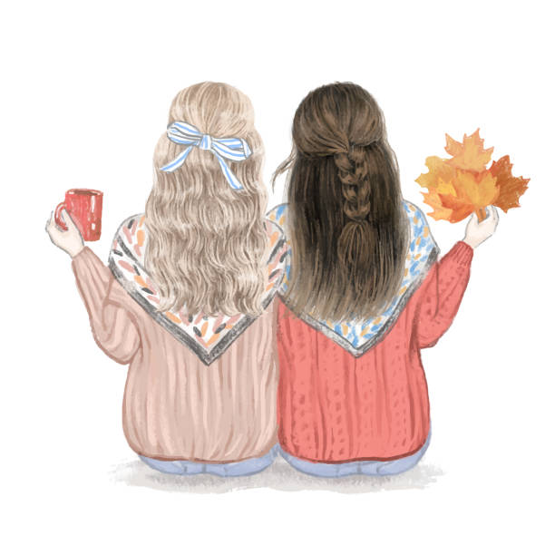 Two Girls Best Friends In The Fall Hand Drawn Illustration Stock  Illustration - Download Image Now - iStock