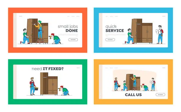 Vector illustration of Furniture Assembling Landing Page Template Set. Workers Repair and Installation Works. Carpenter and Craftsman Characters Assembly Wardrobe with Shelves Using Tools. Linear People Vector Illustration