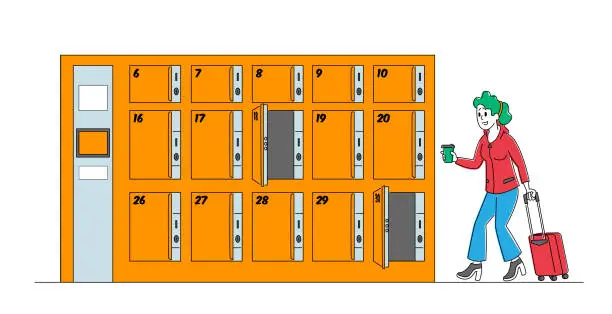 Vector illustration of Female Character with Suitcase and Coffee Bring Luggage to Storage. Temporary Bags Repository Service, Numbered Lockers in Airport or Supermarket. Depot for Keeping Baggage. Linear Vector Illustration