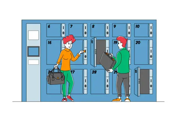 Vector illustration of People at Baggage Storage. Male and Female Characters Use Luggage Keeping Service Put Bags into Paid Numbered Lockers, Metal Boxes in Airport, Bank, Gym or Supermarket. Linear Vector Illustration