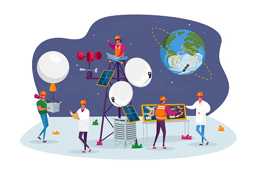 People on Meteorological Station Concept. Tiny Male and Female Characters around of Tower, Satellite at Earth Orbit. Workers Set Up Equipment and Probe for Weather Control. Cartoon Vector Illustration