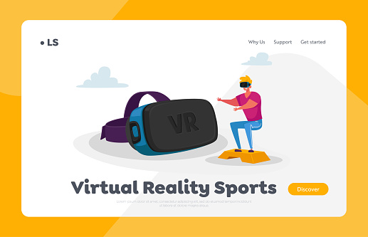 Male Character in Vr Goggles Training in Virtual Reality Cyberspace Landing Page Template. Young Sportsman in Glasses Headset Fitness Exercising, Sports Workout Squat. Cartoon Vector Illustration