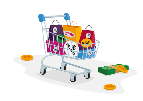 Total Sale Concept. Customer Trolley Full of Colorful Shopping Bags, Money Bills and Coins around. Special Offer Promotion Discount and Price Off Day, Shopper Activity. Cartoon Vector Illustration