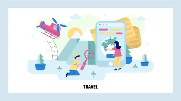 Vector illustration of Woman uses mobile phone to plan travel route. Vacation and adventure concept illustration. Entomologist looks at ants through the magnifier. Vector web site design template