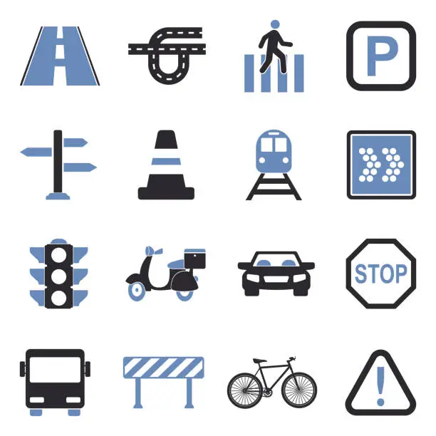 Vector illustration of Road Traffic Icons. Two Tone Flat Design. Vector Illustration.