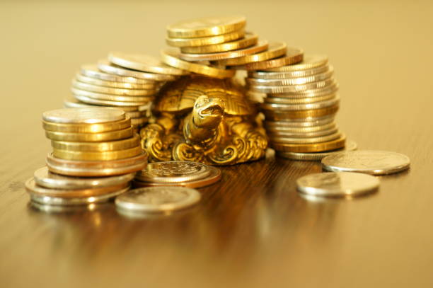 istock Metal turtle on a gold background. 1255733978