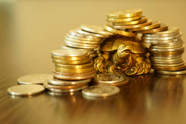 istock Metal turtle on a gold background. 1255734028