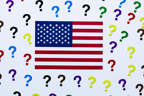 Question marks and USA flag. Multicolor.