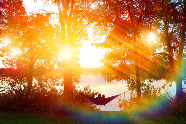 Lazy time with hammock in the summer garden, vintage toned