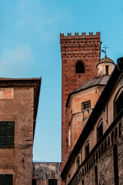 view of one of the towers of albenga in liguria, italy - italy albenga liguria tower imagens e fotografias de stock