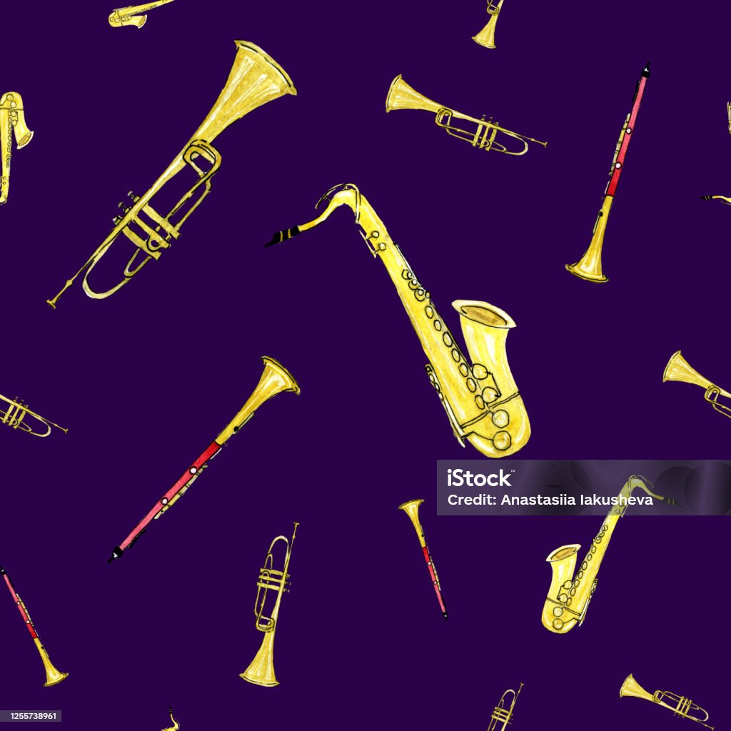 Colorful Wind Instrument Wind Instruments On A Purple Background Stock Illustration - Download ...