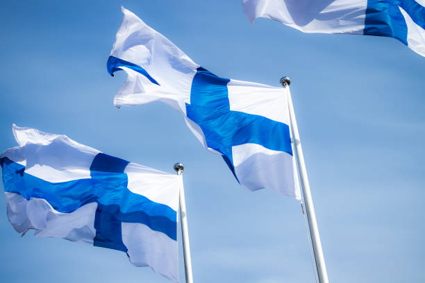 istock Three finnish national flags on the wind against the blue sky 1255739537