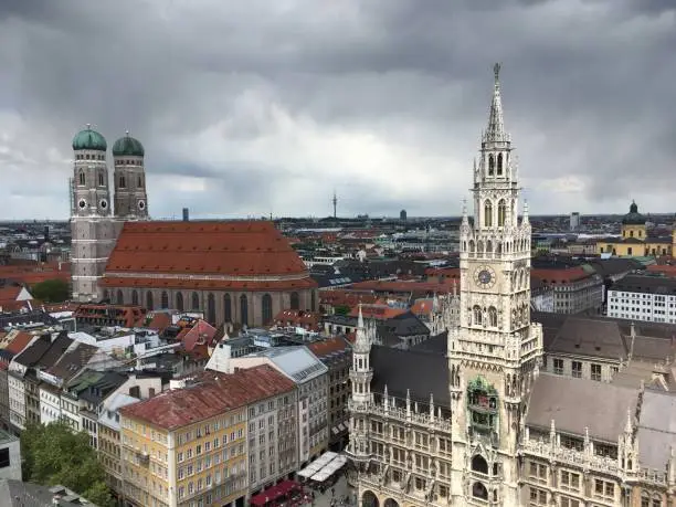 Panoramic view of Marienplatz from St. Peter's Church on different weather days, Munich, Upper Bavaria, Germany