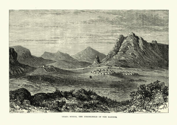 Vintage illustration of Thaba Bosigo, Stronghold of the Basotho (Sotho people), 19th Century. The Sotho people, or Basotho, are a Bantu ethnic group of Southern Africa who speak Sesotho. They are native to modern Lesotho and South Africa.