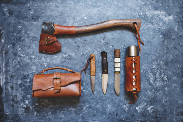 istock bushcraft equipment and leather materials 1255744136