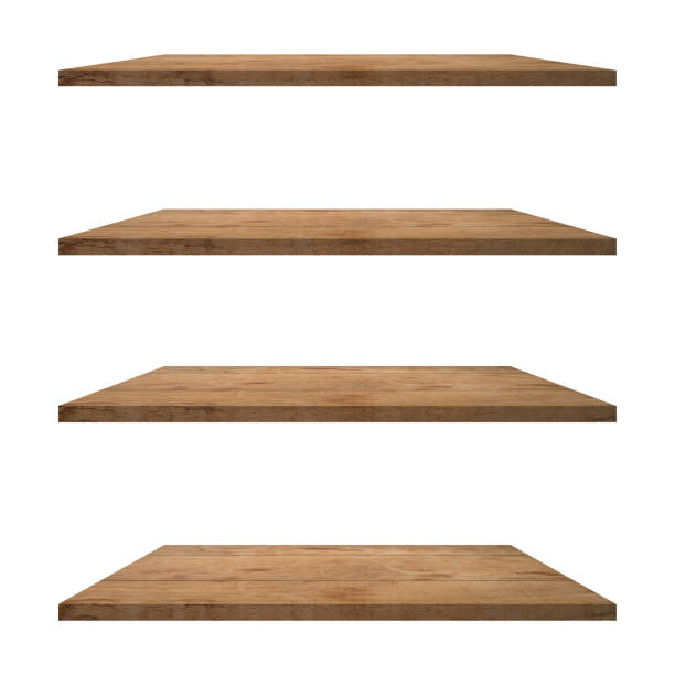 istock 4 Wood shelves table isolated on white background and display montage for product. 1255744162