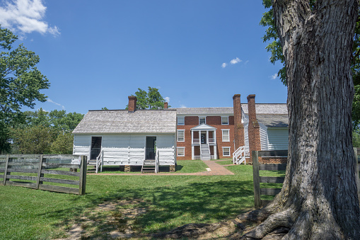 Appomattox, VA, USA, July 11, 2020:   McLean House at the Appomattox Court House National Park. This is the site where Generals Robert E. Lee surrendered the Army of Northern Virginia to Union troops and effectively ended the Civil War.