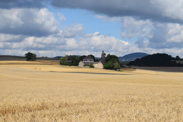 istock pilgrim's church in ripe grain fields 1255749374
