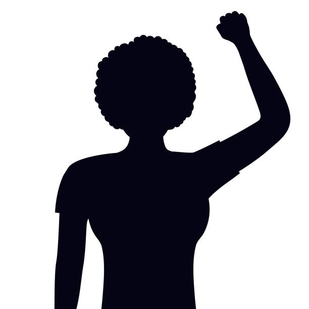 ilustrações, clipart, desenhos animados e ícones de silhueta de mulher afro-americana com punho levantado. - consciência negra