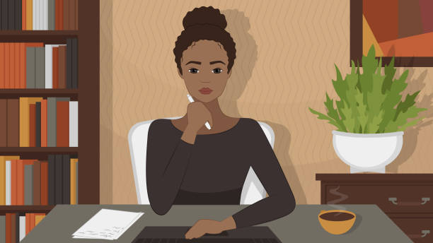 African American woman sits at desk and looks at the monitor. A young woman watches an online training webinar and takes notes. Remote work, study from home. Vector illutration african american woman stock illustrations