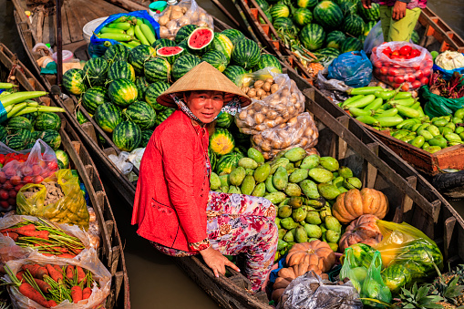 Vietnamese woman selling fruits on floating market, Mekong River Delta, Vietnam