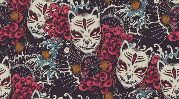 Japanese theme vector seamless pattern with a Kitsune mask. Japanese theme vector seamless pattern with a Kitsune mask. All colors are in a separate group. Ideal for printing onto fabric and decoration tattoo designs stock illustrations