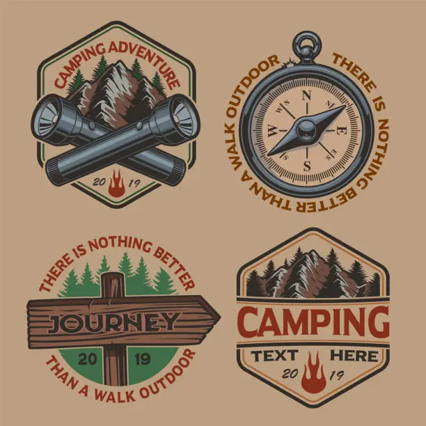 Vector illustration of Set of vector color symbols for the camping theme on white background.