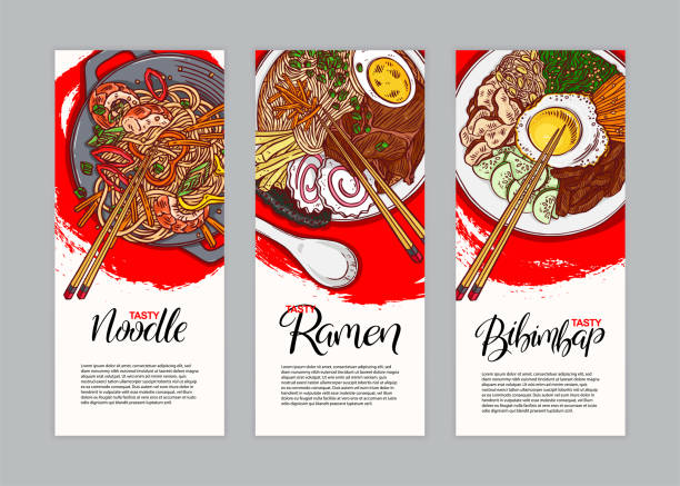 three banners with different asian food Set of three banners with different asian food. Bibimbap, ramen and noodles. Hand-drawn illustration chinese food stock illustrations