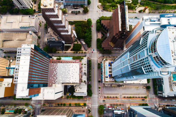 istock Straight Down Drone angle above Tall Modern Skyscrapers rising up in Austin Texas 1255756305