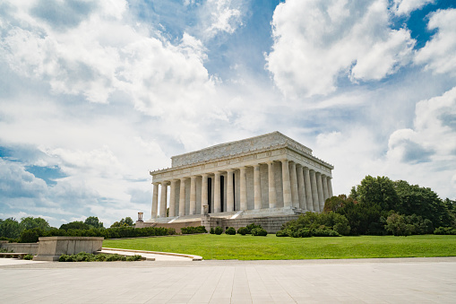The Lincoln Memorial in downtown Washington DC with no tourists. Built to honor America's 16th president, it is a popular tourist destination, as well as the location of Martin Luther King Jr.'s \