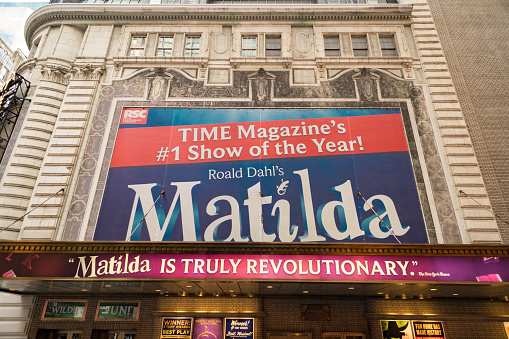 London, UK - July 11, 2020: Big sign f Matilda - The musical from the novel of Roald Dahl in Broadway, New York City.