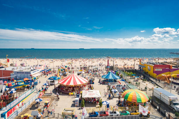 New York City, NY, USA - June 30, 2016: View of Coney Island Beach and fun fair viewed from above, from the panoramic wheel.