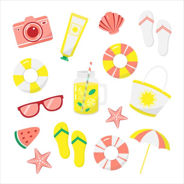 Set of cute summer accessories. Collection of vector elements for beach party. Set of cute summer accessories. Collection of flat vector elements for beach party. Isolated on white background. pink beach umbrella stock illustrations