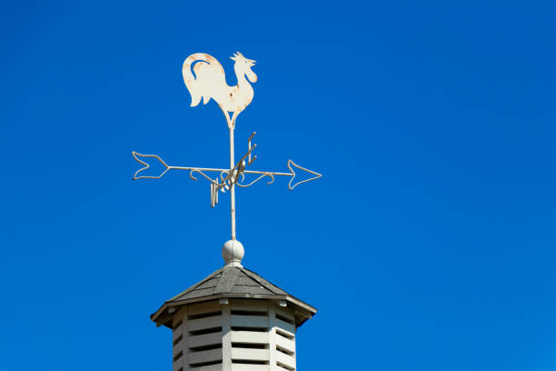 istock White rooster weather vane show the wind direction on blue sky background 1255757626
