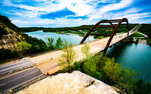 Pennybacker Bridge or 360 Bridge Summer Landscape in Austin Texas , looking at the overlook over the Colorado River or Town Lake